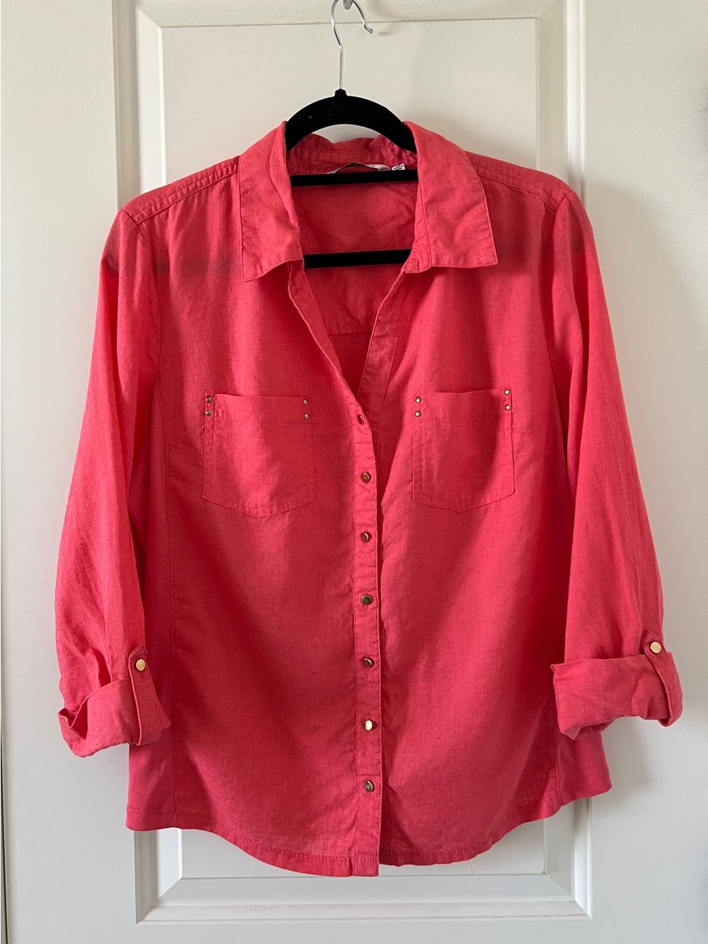 Button-Front Coral Pink Long-Sleeve Shirt with Chest Pockets Linen XL